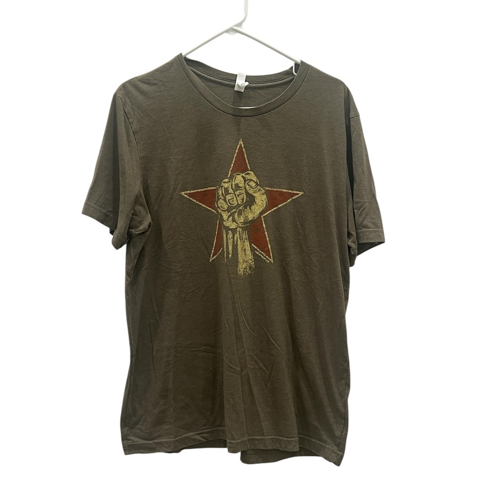 Men's Graphic T-Shirt with Star and Fist Design - Olive Green Size Large